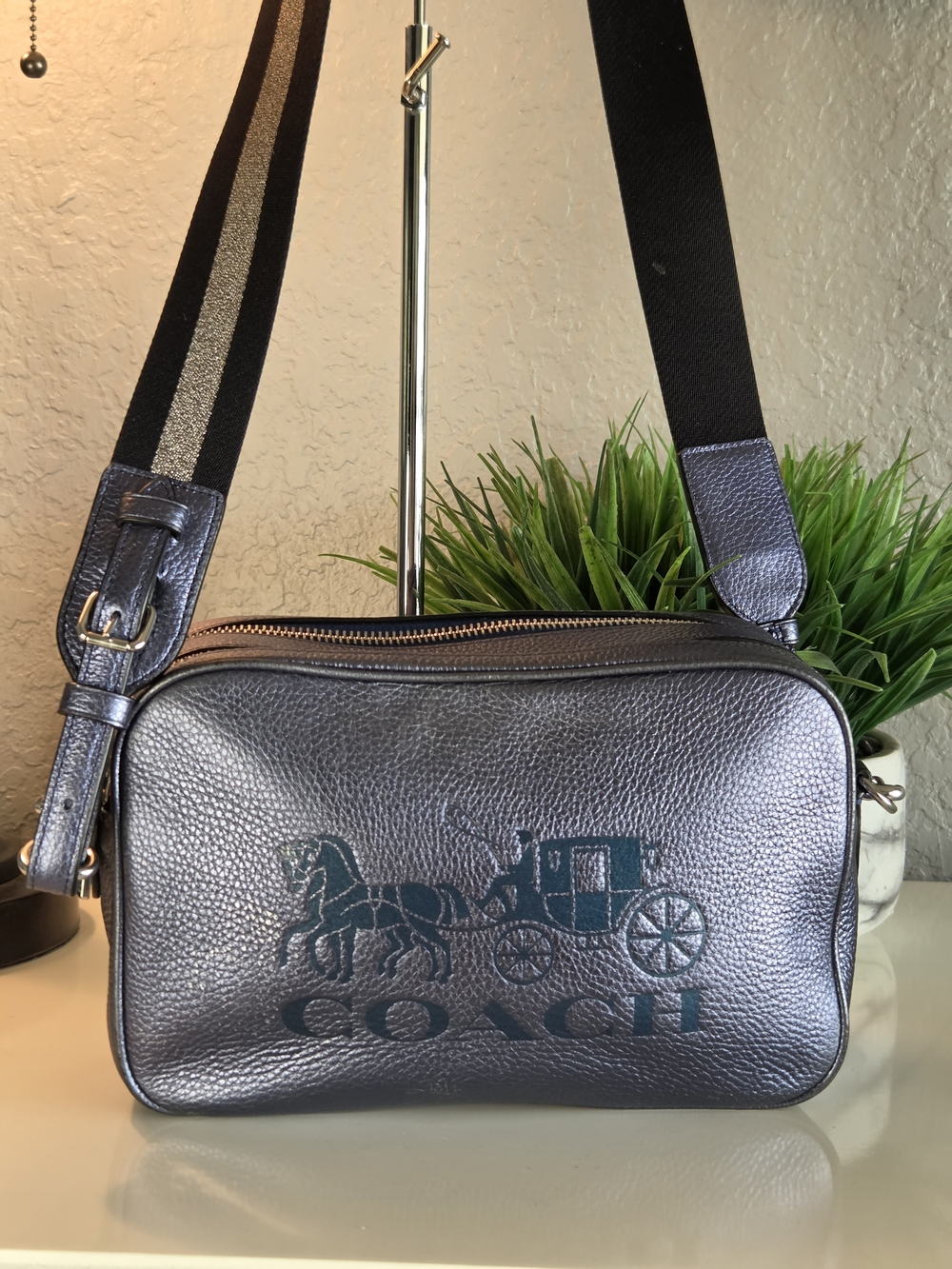 COACH Metallic Blue Silver Leather Jes Crossbody Camera Bag F75818